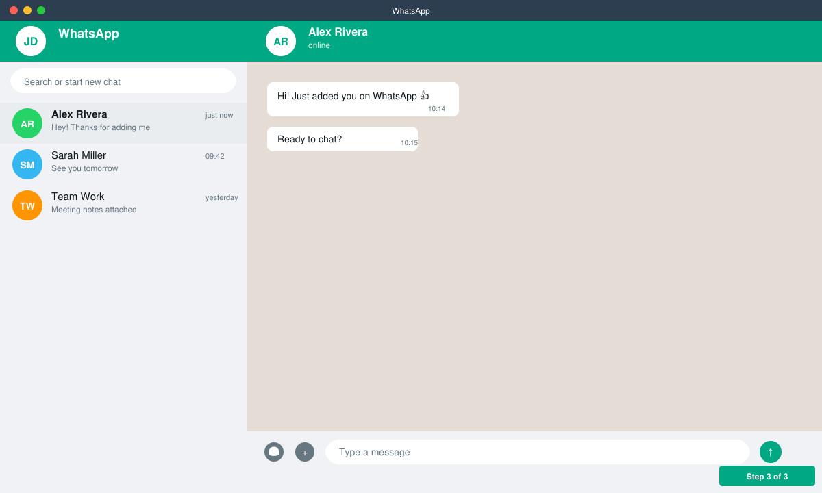 WhatsApp chat screen with the newly added contact opened and message input field active
