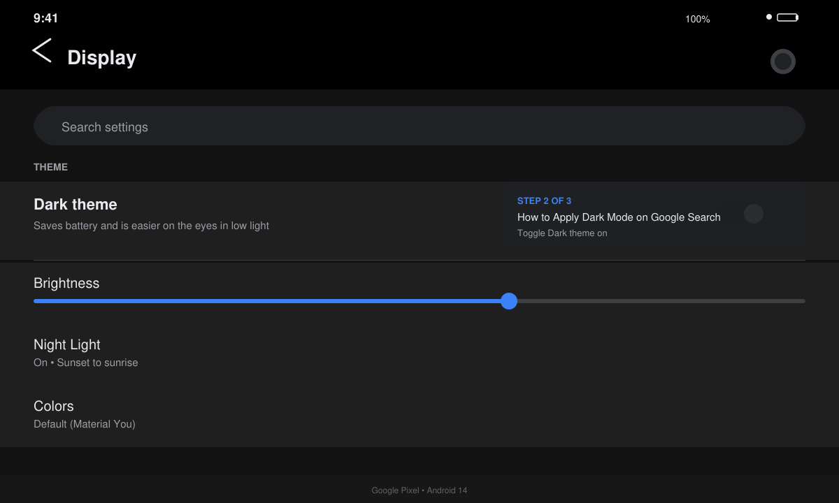 Android display settings screen with the Dark theme toggle switched on