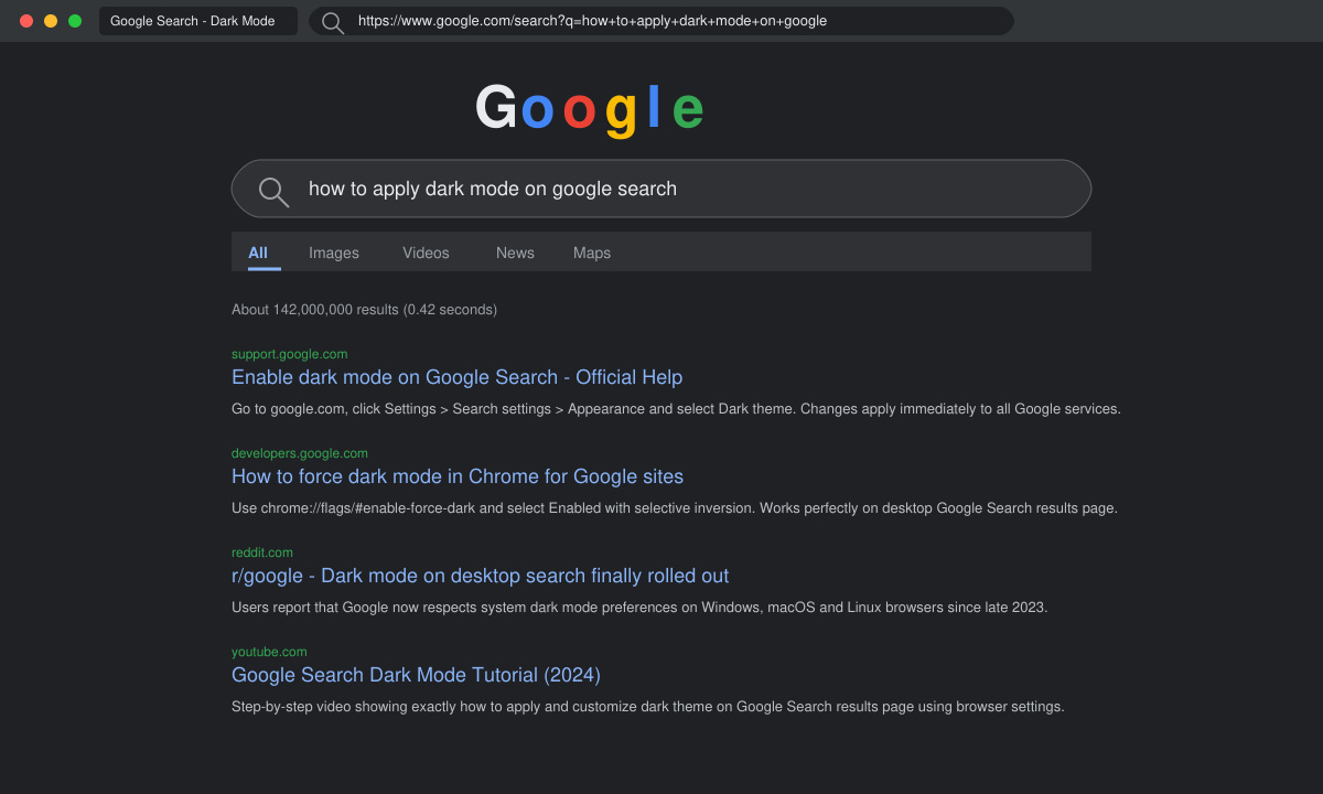 Google Search results page fully rendered in dark mode on a desktop browser
