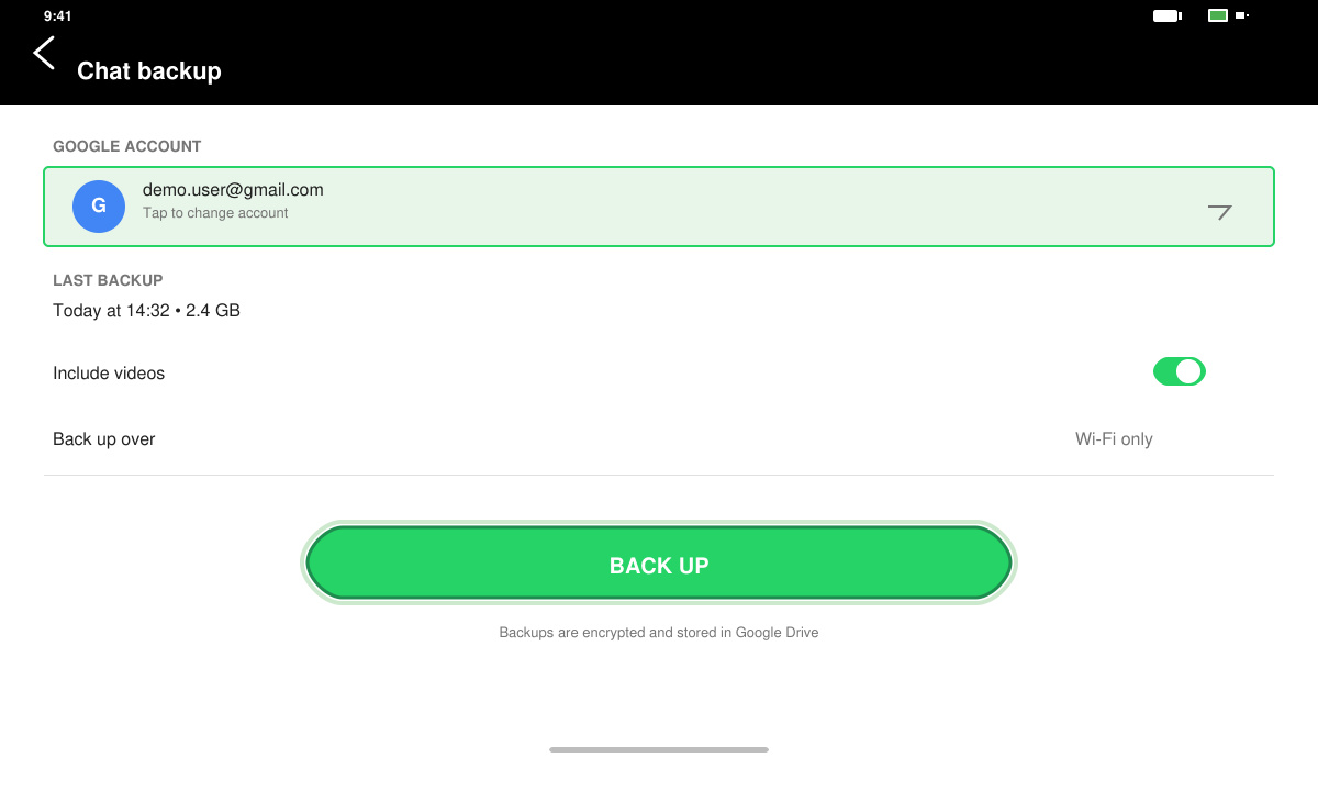 Android screen showing WhatsApp Chats settings menu with Backup option highlighted