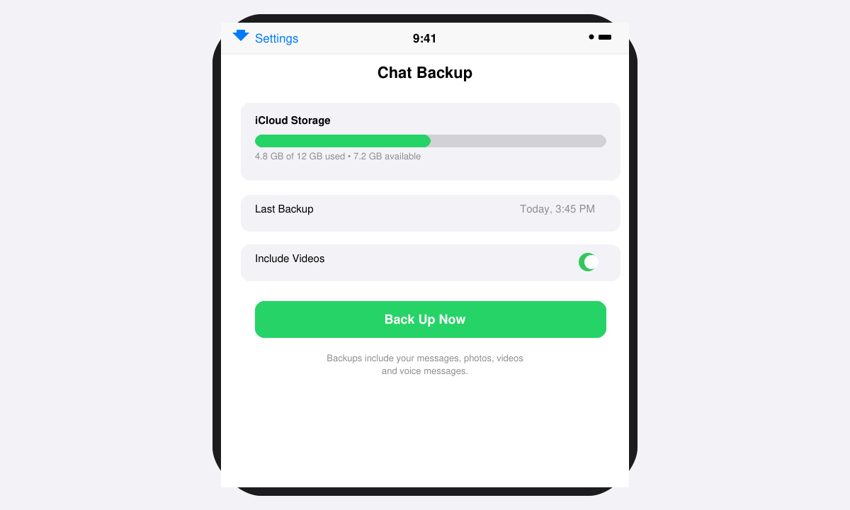 iPhone screen displaying WhatsApp Chat Backup page with Back Up Now button and iCloud status