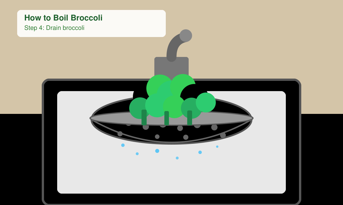 Draining bright green boiled broccoli in a metal colander over the sink