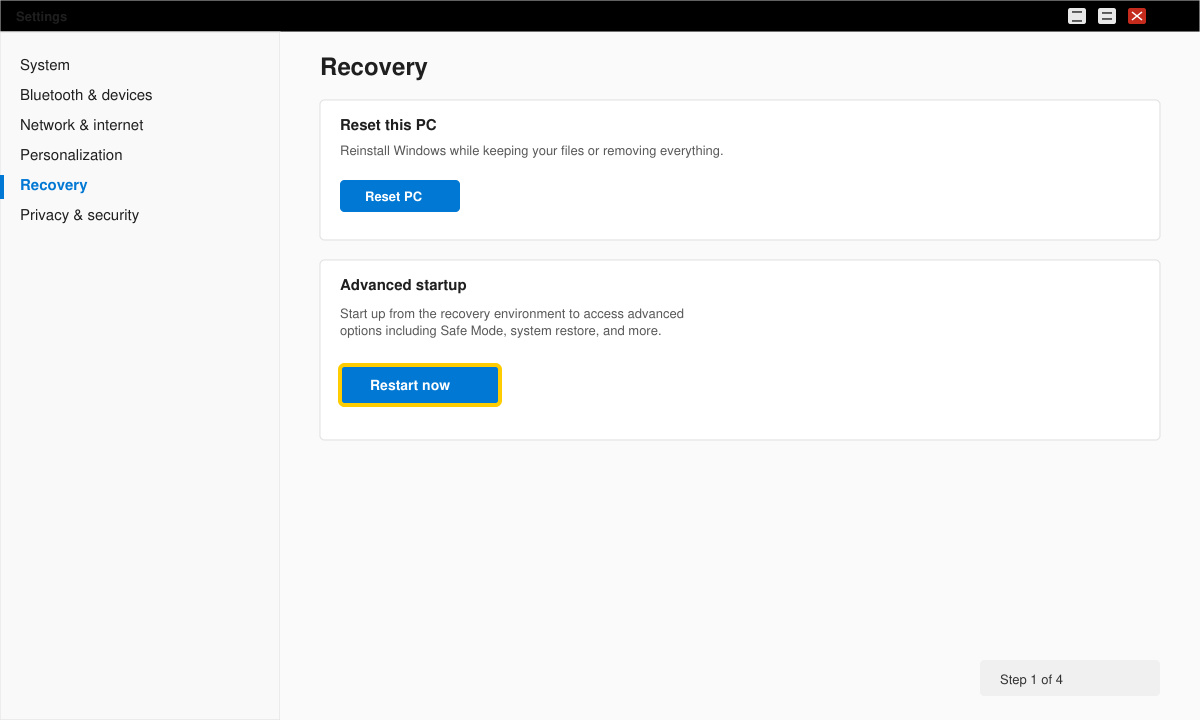 Windows 11 Settings Recovery page with the Restart now button highlighted under Advanced startup