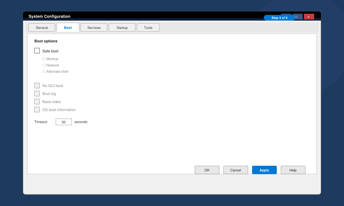 System Configuration Boot tab showing the Safe boot checkbox being cleared