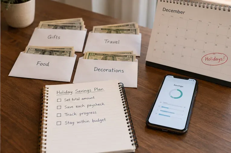 Four cash envelopes labeled Gifts, Travel, Food, and Decorations sit beside a December calendar, a holiday savings notebook, and a phone showing savings progress.