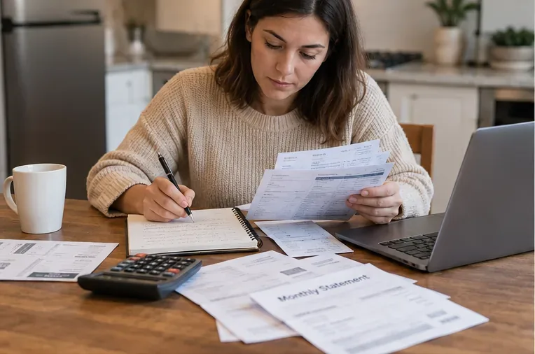 A woman reviews monthly statements, receipts, a notebook, a laptop, and a calculator at a kitchen table while determining how much she can afford for holiday spending.