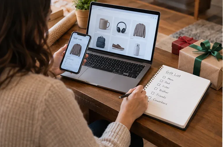 A shopper compares gift options on a laptop and phone while checking a handwritten gift list beside wrapped presents.