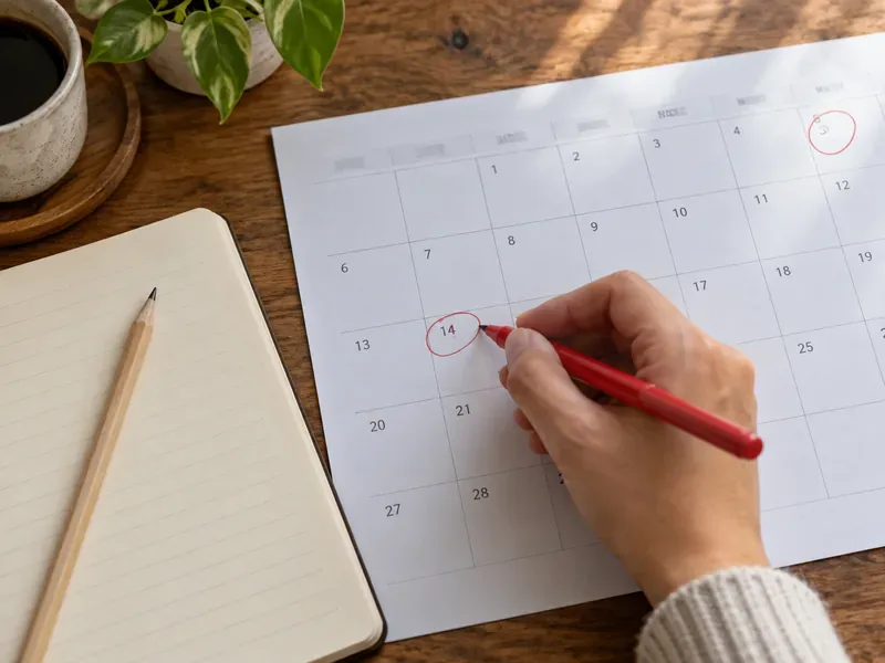 A hand circles dates on a paper calendar beside a blank notebook and pencil, marking the birth-date details used in a numerology calculation.