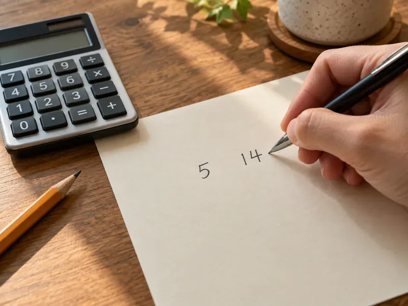A pencil writes the numbers 5 and 14 on a sheet beside a calculator, recording a sample birth month and day.
