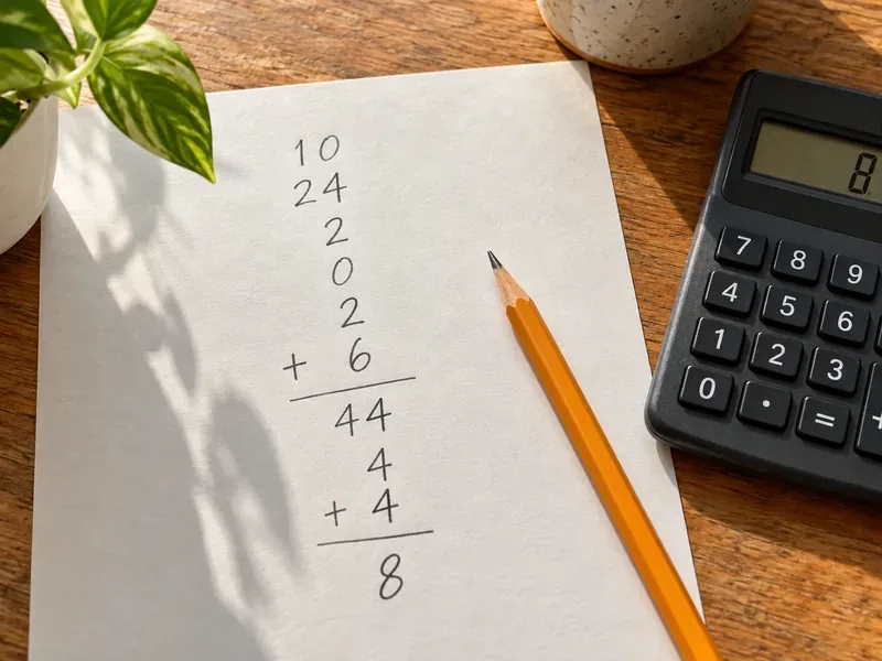 A handwritten arithmetic example adds October 10, birth day 24, and the digits of 2026 to make 44, then reduces 4 plus 4 to 8.