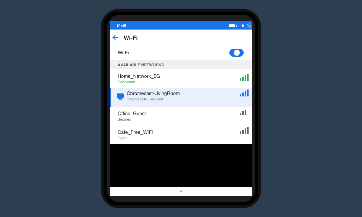 Phone settings screen highlighting Wi-Fi network selection next to a Chromecast device