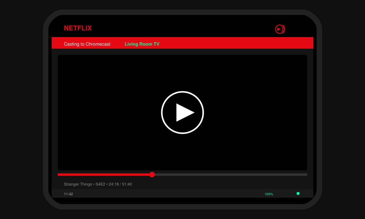 Netflix app interface with active cast connection and play button on screen