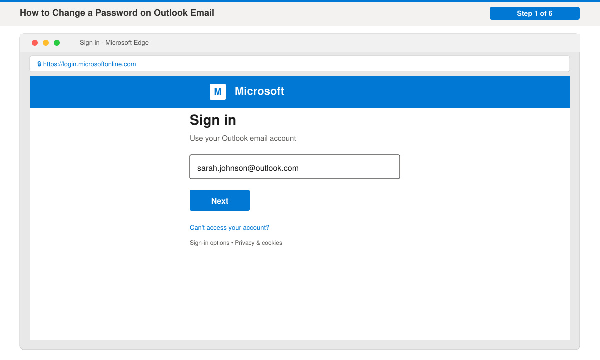 Screenshot of the Microsoft account sign-in page with email field filled and Sign in button visible