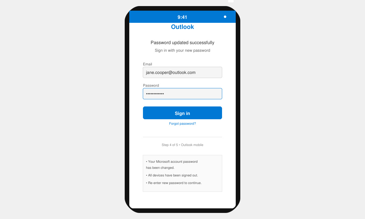 Mobile Outlook app screen showing the password entry field after the Microsoft account update