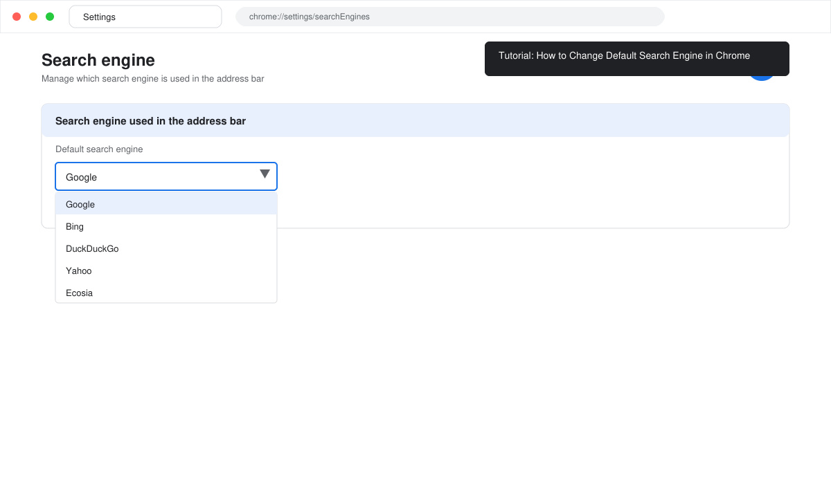 Chrome Settings page with Search engine section highlighted