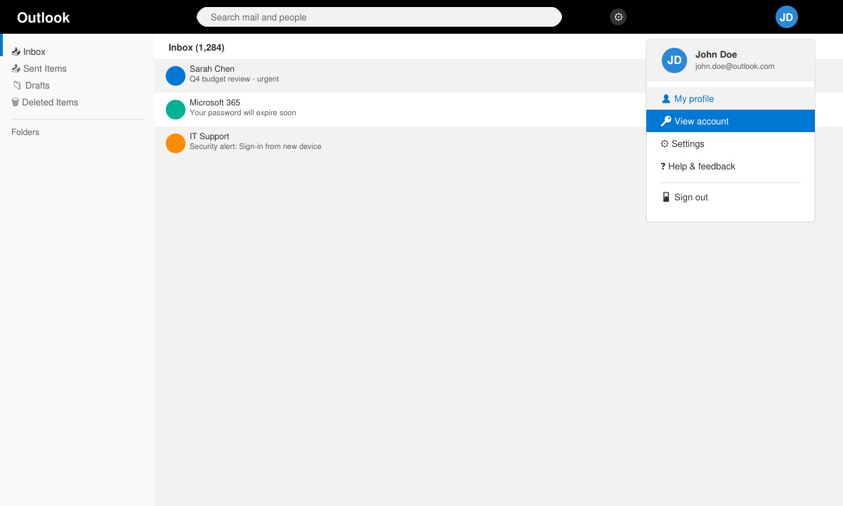 Screenshot of Outlook web inbox with profile menu open highlighting View account option