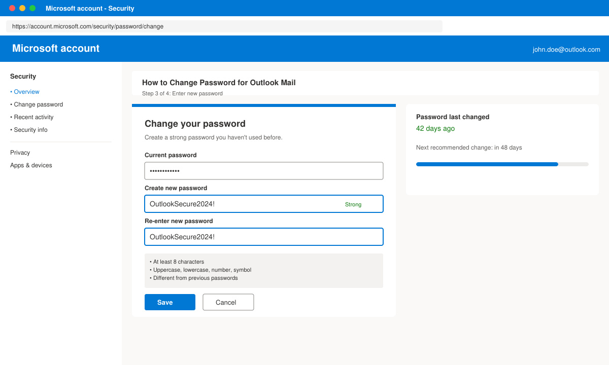 Close-up of the Microsoft account change password form with fields filled