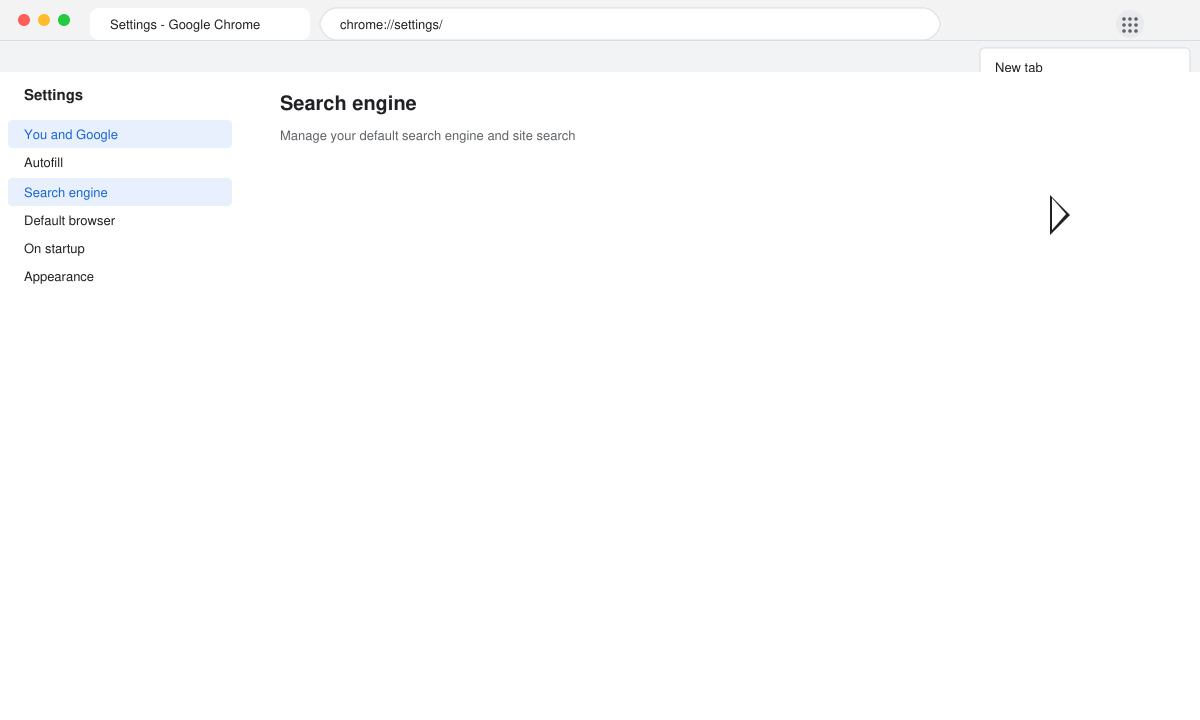 Screenshot of the Chrome Settings menu with the Search engine option highlighted in the left sidebar