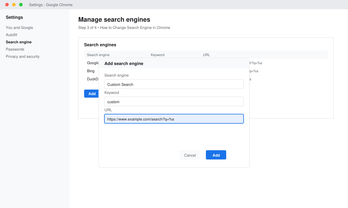 Close-up of the “Manage search engines” screen with the Add button and URL field visible