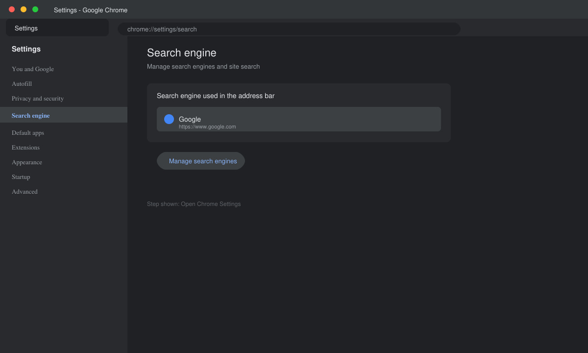 Screenshot of Chrome Settings page with the Search engine section visible in the left sidebar