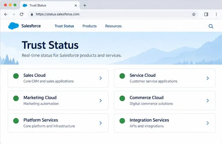 Illustrative Salesforce Trust Status page with product cards and green availability indicators
