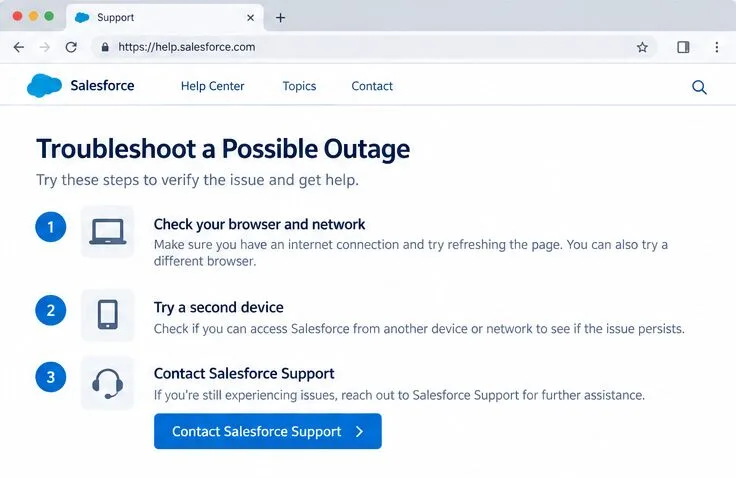Illustrative Salesforce support page listing browser and network checks, a second-device test, and a Contact Salesforce Support action