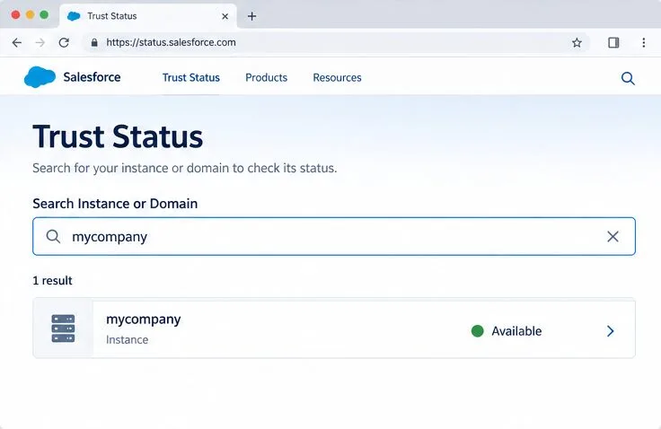 Illustrative Trust Status search screen with the Search Instance or Domain field containing mycompany