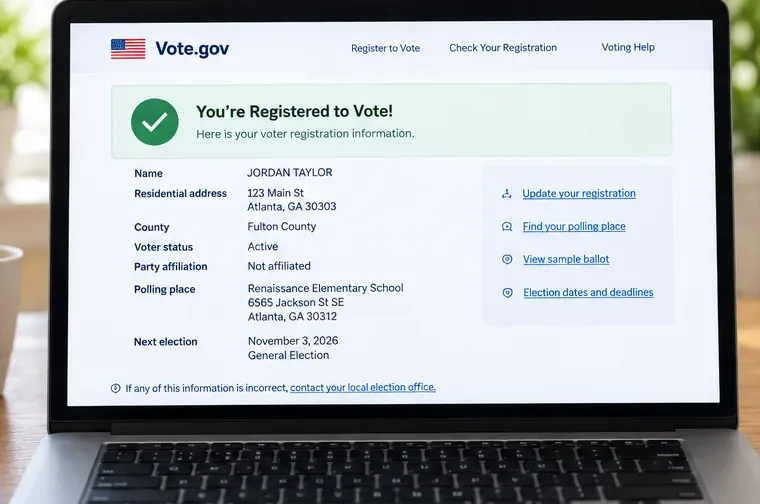 A laptop displaying an example voter registration record with active status, address, polling place, and election information
