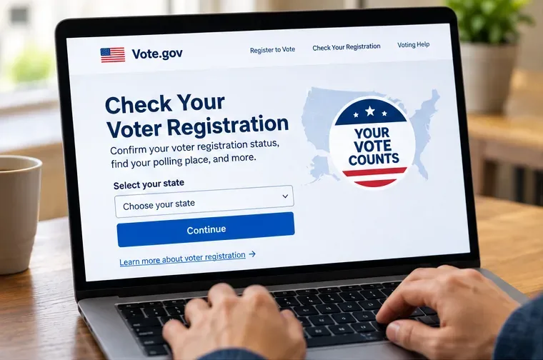 A voter using a laptop to begin a voter registration status check by selecting a state