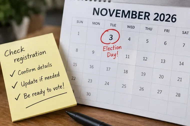 A November 2026 calendar with November 3 circled beside a checklist to confirm voter registration details