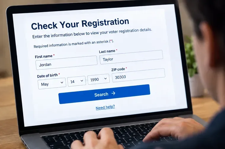A person entering name, date of birth, and ZIP code into an example voter registration lookup form