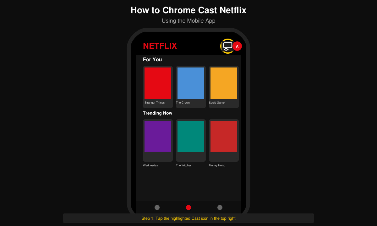 Smartphone screen showing the Netflix app open with the cast icon highlighted in the top right corner