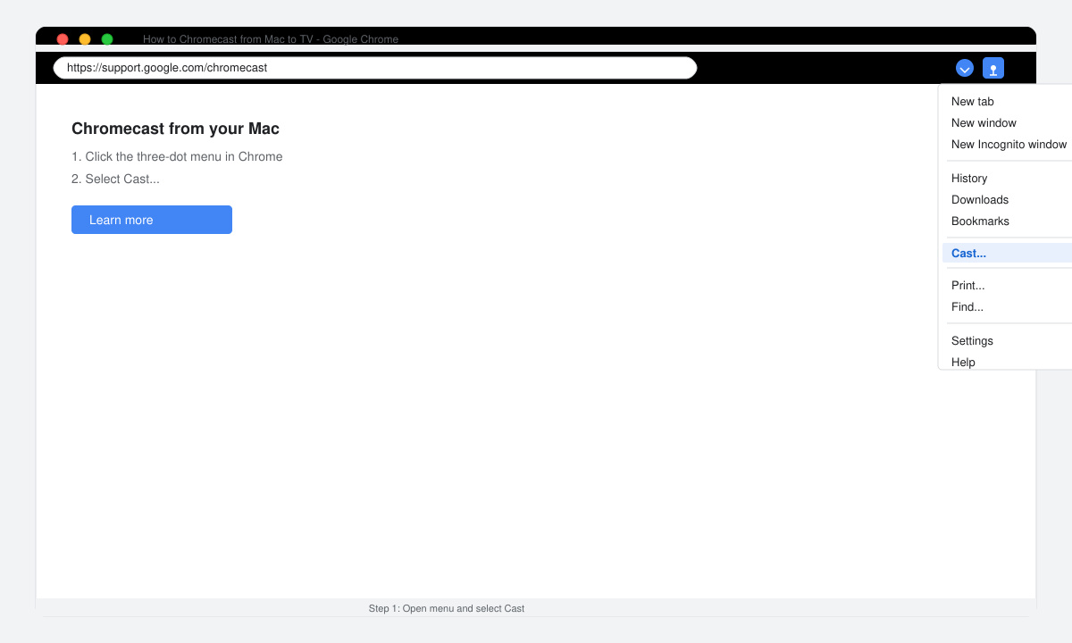 Google Chrome browser window open on a Mac with the three-dot menu visible