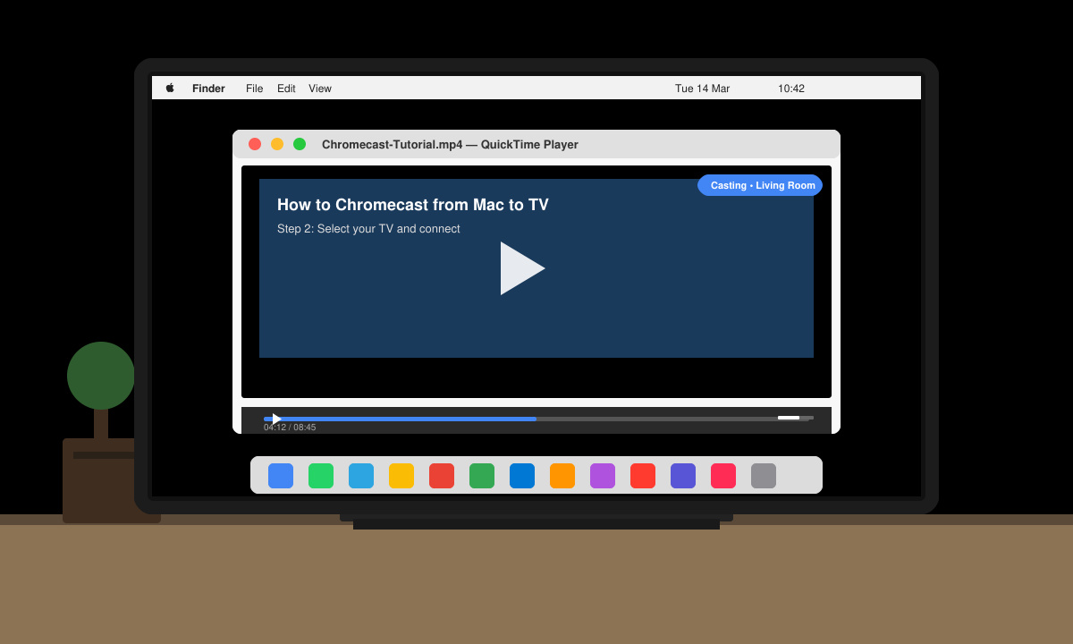 TV screen mirroring a Mac desktop with a video playing