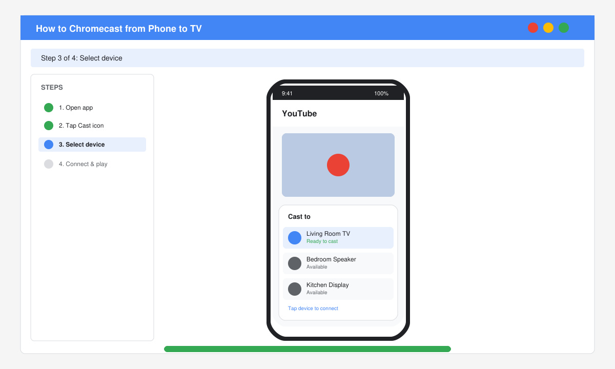 Phone displaying list of available Chromecast devices to connect