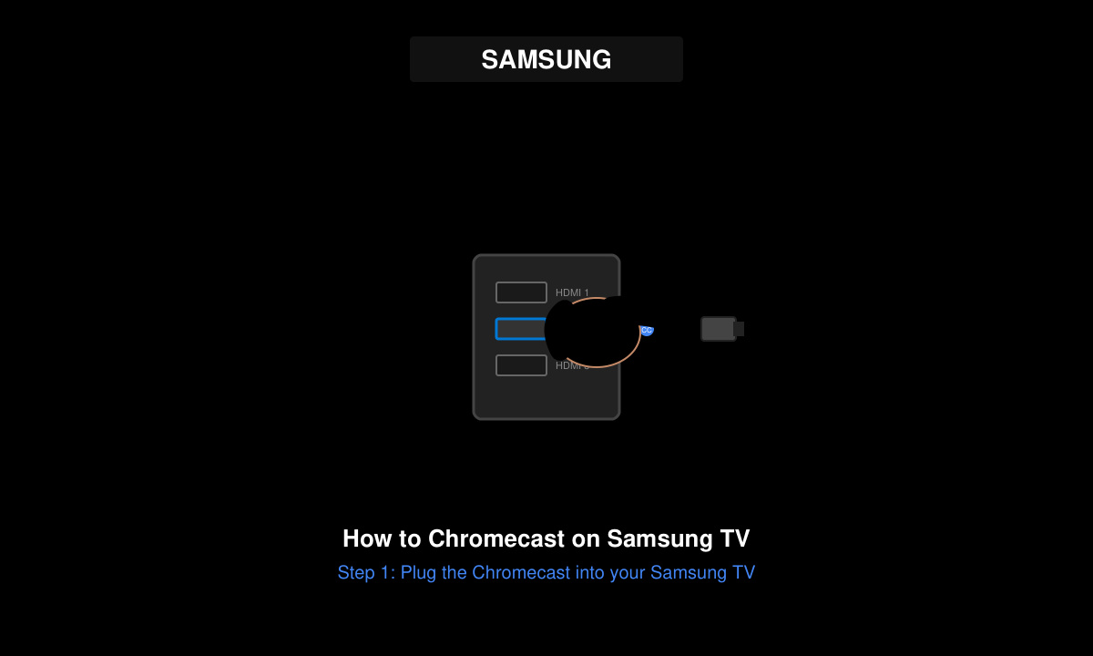 Close-up of a hand inserting the Chromecast dongle into an HDMI port on a Samsung TV