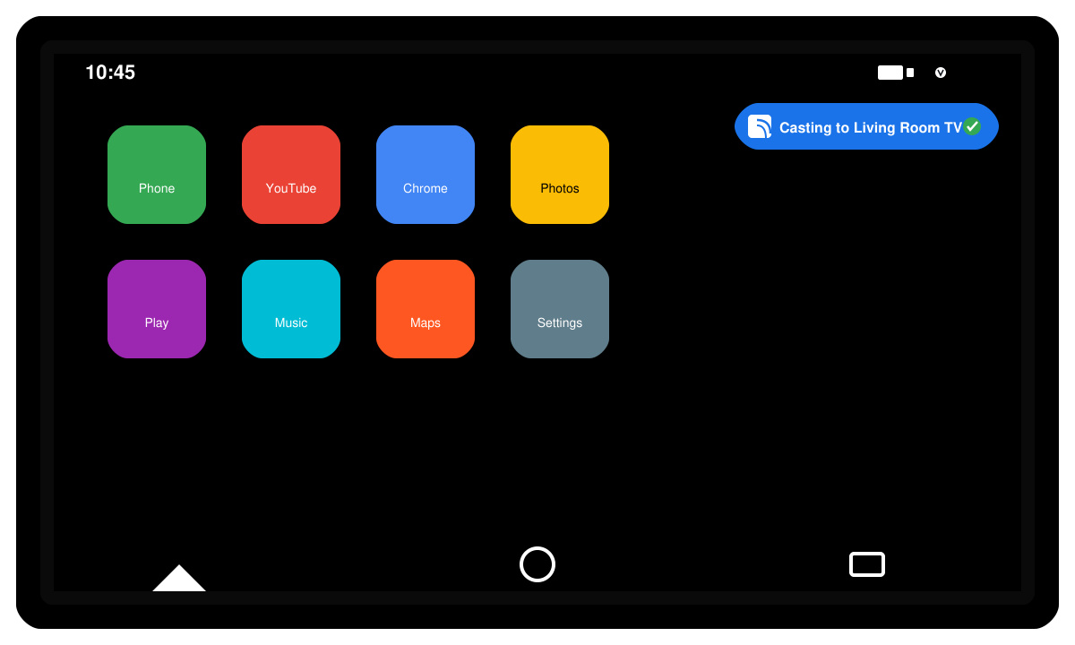TV screen displaying a mirrored Android phone home screen with the Chromecast connection active