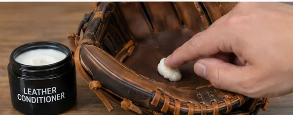 A small amount of leather conditioner being applied to the palm of a brown baseball glove
