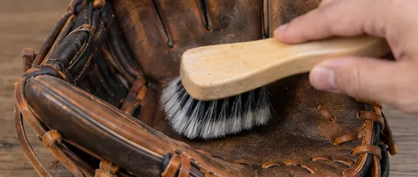 A soft brush gently removing loose dirt from the palm of a brown leather baseball glove