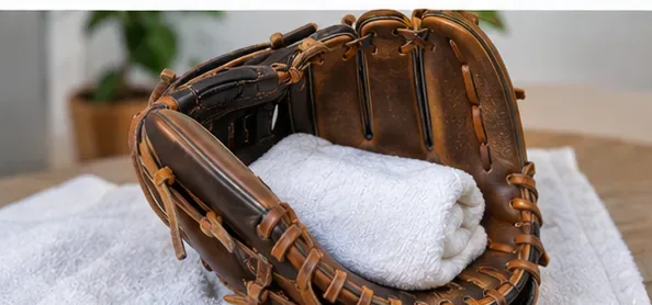 A leather baseball glove resting open with a clean rolled towel loosely supporting the pocket while it dries