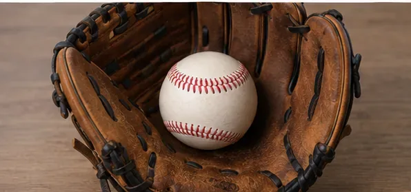 A baseball sitting in the pocket of a brown leather baseball glove to help preserve its shape