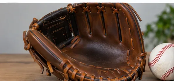 A clean conditioned brown baseball glove resting open beside a baseball on a wooden table
