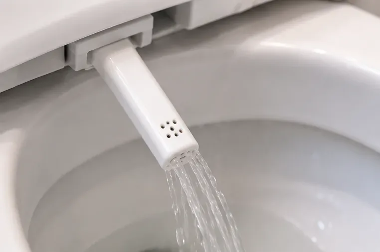 A clean white bidet nozzle extended over the bowl while clear water rinses from its spray openings