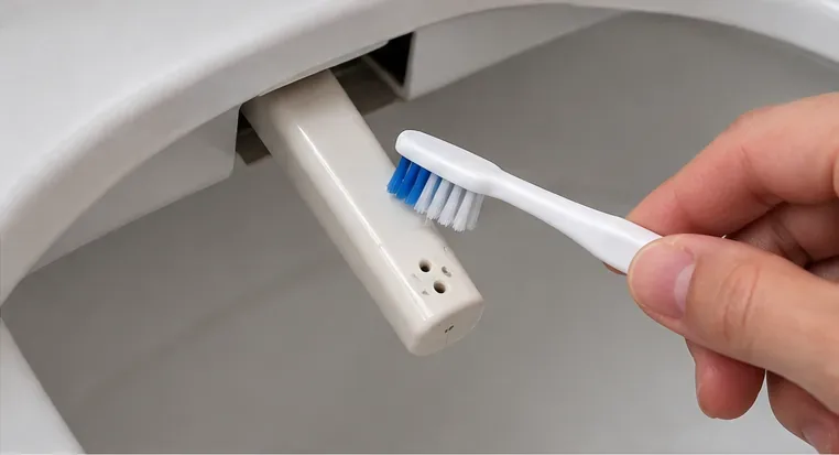 A small soft toothbrush being held next to the spray holes of an extended white bidet nozzle