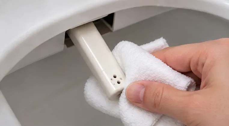 A hand gently wiping the end of an extended white bidet nozzle with a soft damp white cloth