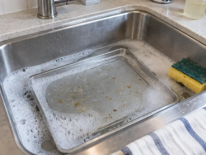 A metal toaster-oven crumb tray soaking in warm soapy water in a stainless-steel sink.