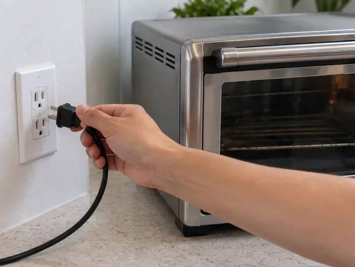 A hand unplugging a stainless-steel countertop toaster oven from a wall outlet before cleaning.