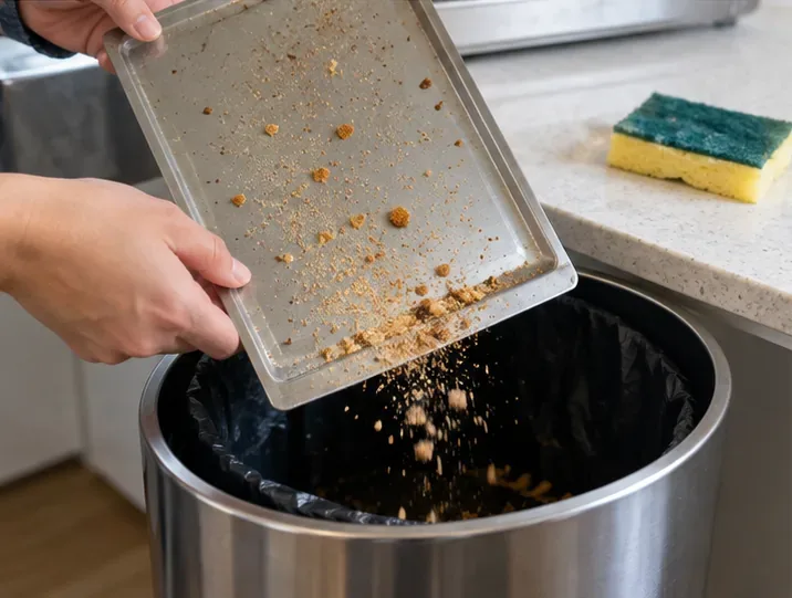 A metal toaster-oven crumb tray being emptied over a kitchen trash can.