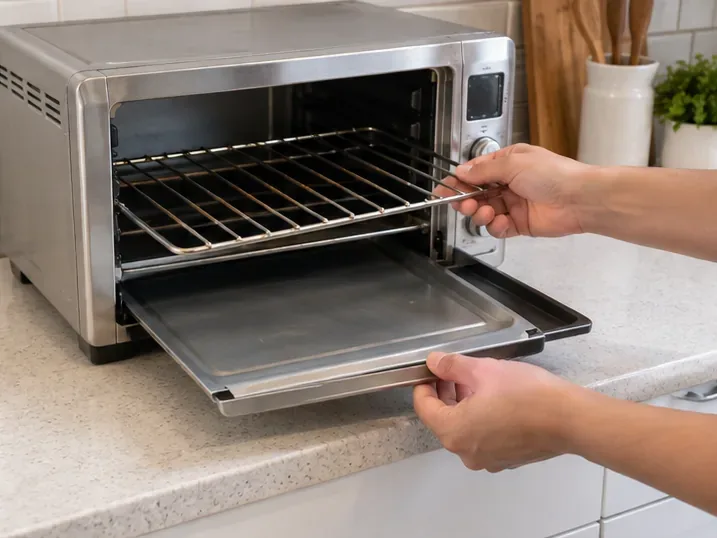 Hands removing a wire rack and metal tray from an open stainless-steel countertop toaster oven.