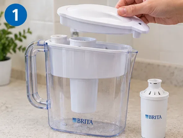 A Brita-style pitcher being disassembled on a kitchen counter, with the lid lifted and the filter cartridge set beside the pitcher